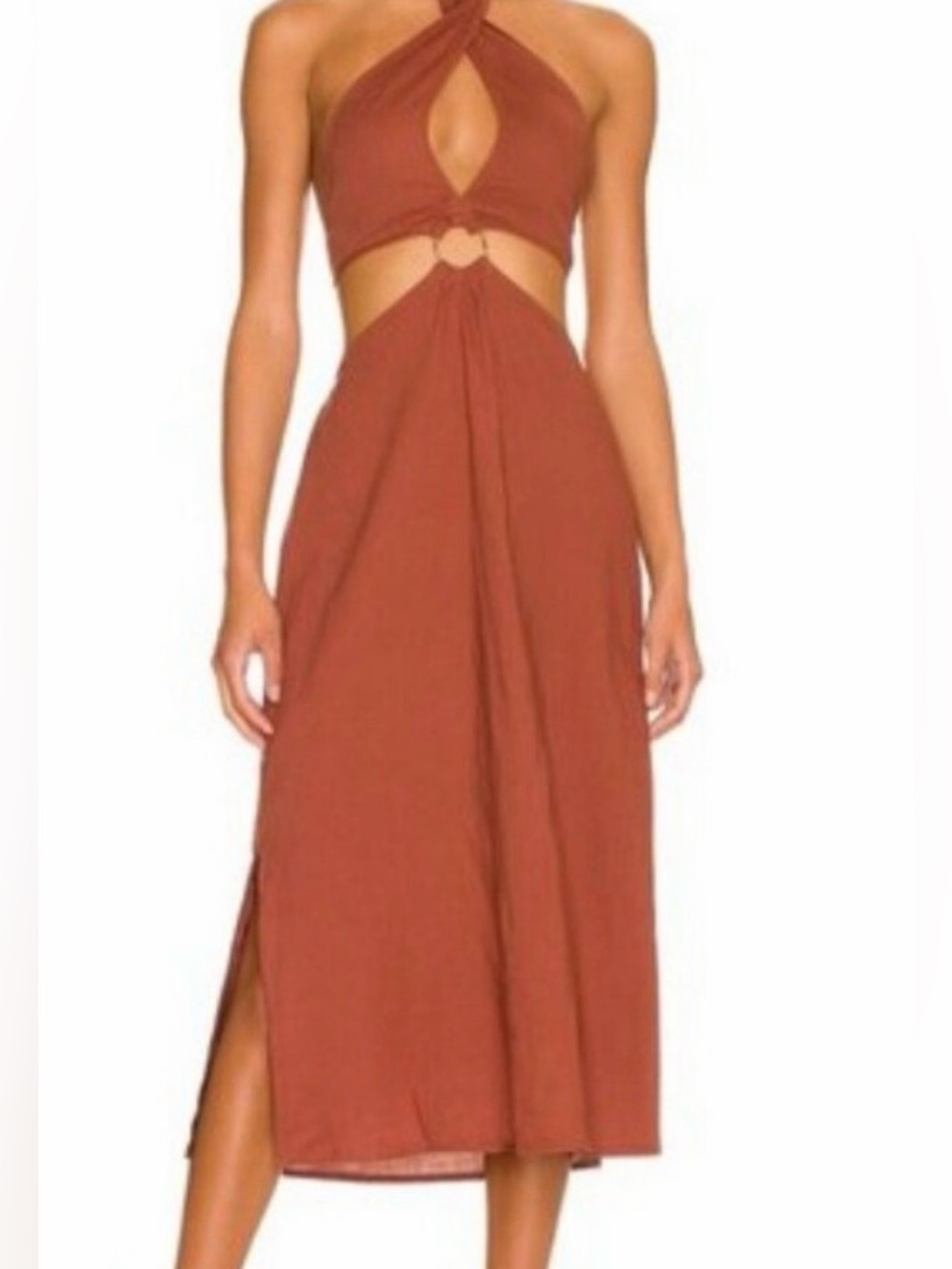 WeWoreWhat Brown Linen Halter Cutout Maxi Dress w/ Gold Ring & Halter Necklace
